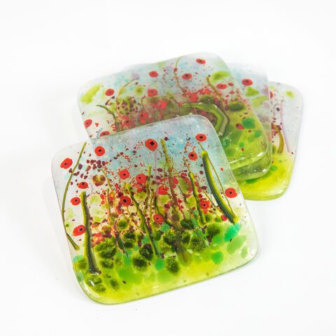 Fused Glass Poppy Meadow Coasters