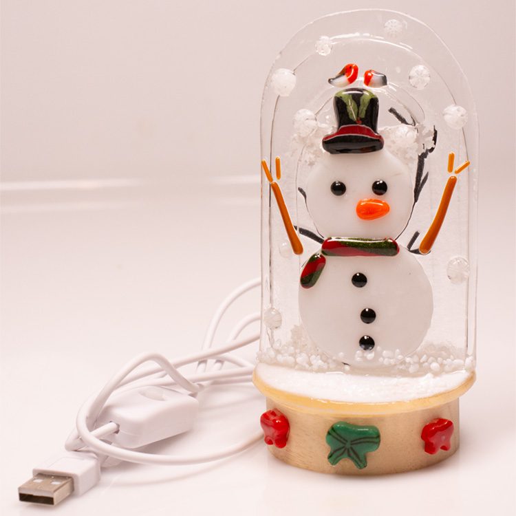 Fused glass snowglobe with snowman, top hat and USB cable